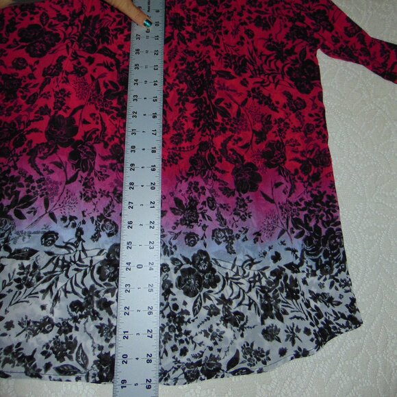Nicole by Nicole Miller Ombre Pink Sheer Black Floral Button Up Collar Blouse L - Picture 5 of 11